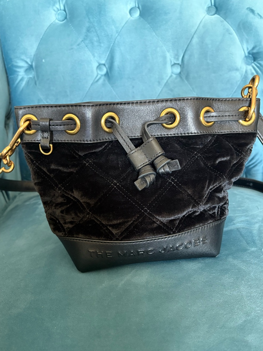 Marc Jacob’s Black Velvet Quilted Drawstring Bucket Bag